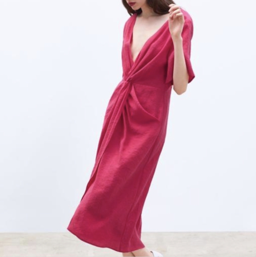 NWT Zara Midi Dress Sarong Style Twist Front Plunging Neckline Pockets Beachy L - Picture 17 of 17